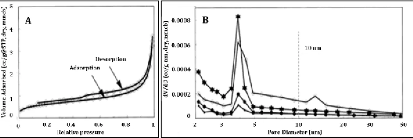 Figure 14. A) Nitrogen adsorption and desorption isotherms for coal sample: B) pore size distribution  by BJH transformations on desorption curves (Clarkson and Bustin, 1999a)