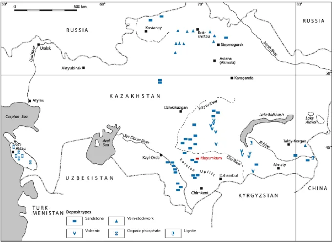 Figure  I-1 :  Répartition  géographique  des  différents  types  de  gisements  uranifères  exploités au Kazakhstan