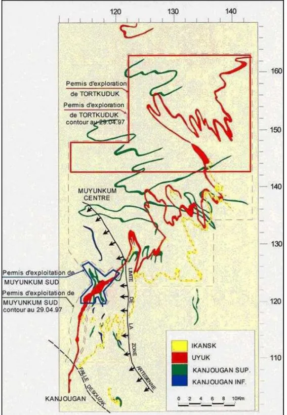 Figure I-7 : Carte (non actualisée) montrant la disposition générale et la répartition des  roll-fronts au sein du gisement de Muyumkum (d’après Ben Simon 2011)