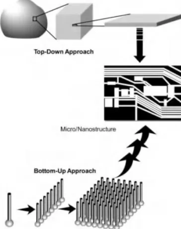 Figure 1.2. Top-down and bottom-up strategies for fabrication of micro/nanostructures