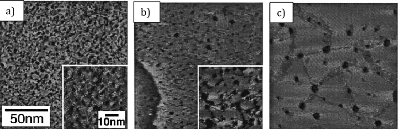 Figure 1.5. STM images of decanethiol SAM on the gold surface obtained at different  temperatures: 74  a) -20°C; b) 25°C; c) 78°C