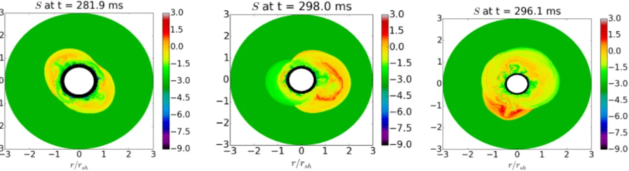 Figure 4.12 – Trois images de l’entropie obtenues grˆ ace ` a trois simulations avec diff´ erentes valeurs de R et une condition interne de surface dure