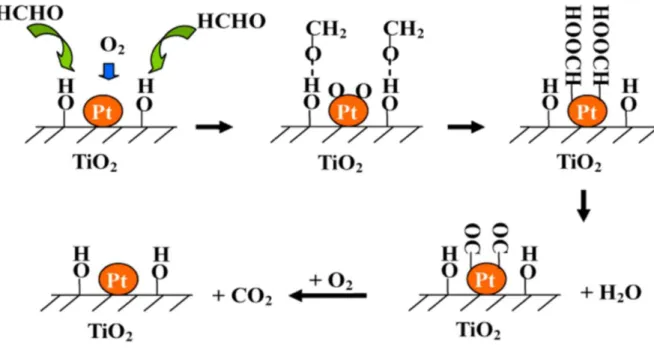 Figure I-18 : Mécanisme d'oxydation du formaldéhyde sur Pt/TiO 2  faisant intervenir les groupements hydroxyles [84] 