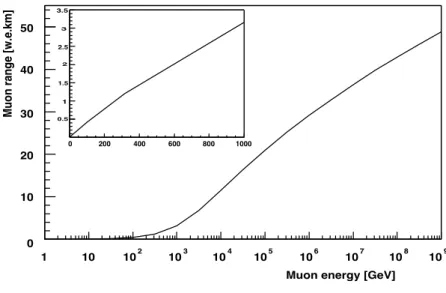 Figure 1.9: Muon maximum ranges in the water obtained from simulation. The image is taken from [Bailey, 2002].