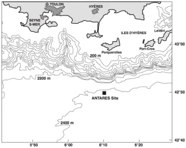 Figure 2.1: Depth contour plot near the ANTARES site. Each profile line corresponds to 200 m depth change