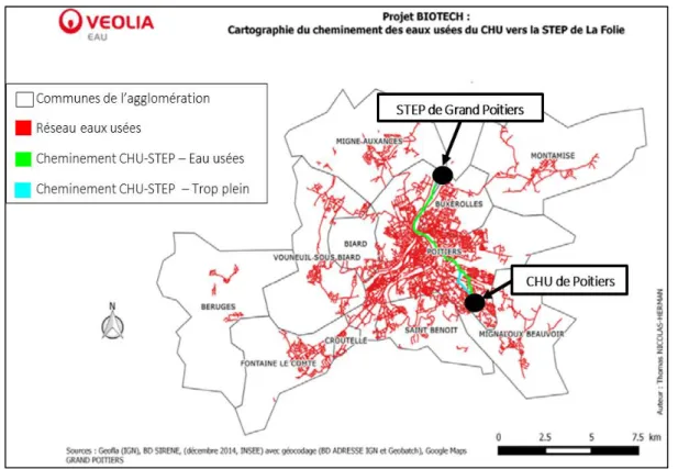 Figure 20 : Cartographie du cheminement des eaux usées du CHU et de la communauté d'agglomération de Poitiers vers la STEP, (Données :  Véolia Eau, d’après Deborde et al