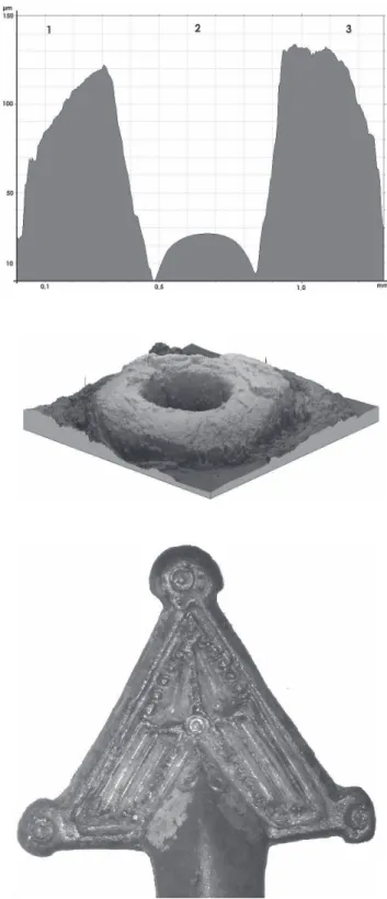 Figure 4: Fibula 202 from tomb S162 (photography ©D. Bagault,  C2RMF): 3D representation in syntheses of topography data collected for  a circular decoration along with the extracted proﬁ le on a central line.