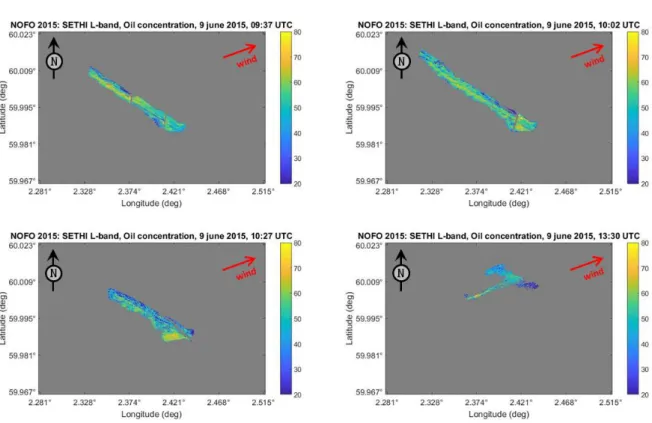 Figure 12. SETHI NOFO’2015 oil concentration map [20 80%] corresponding to the SAR data collected  at 09:37 UTC (run 1—upper left panel), 10:02 UTC (run 2—upper right panel), 10:27 UTC (run 3—lower  left panel) and 13:30 UTC (run 4—lower right panel)—multi