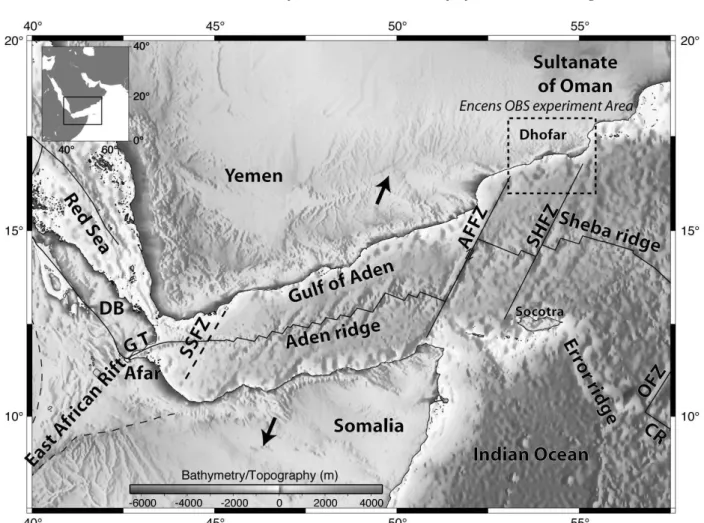Figure 1. Location of the study area in the eastern Gulf of Aden. AFFZ: Alula Fartak fracture zone; CR: