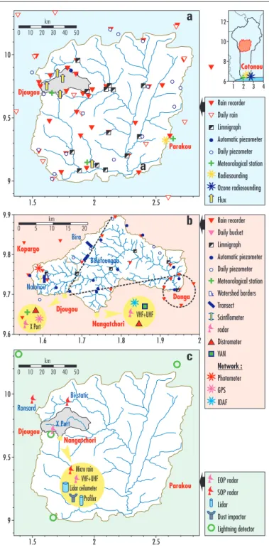 Figure 5 - Les différents dispositifs de mesure sur le bassin de l’Ouémé, un des trois sites de mésoéchelle Amma