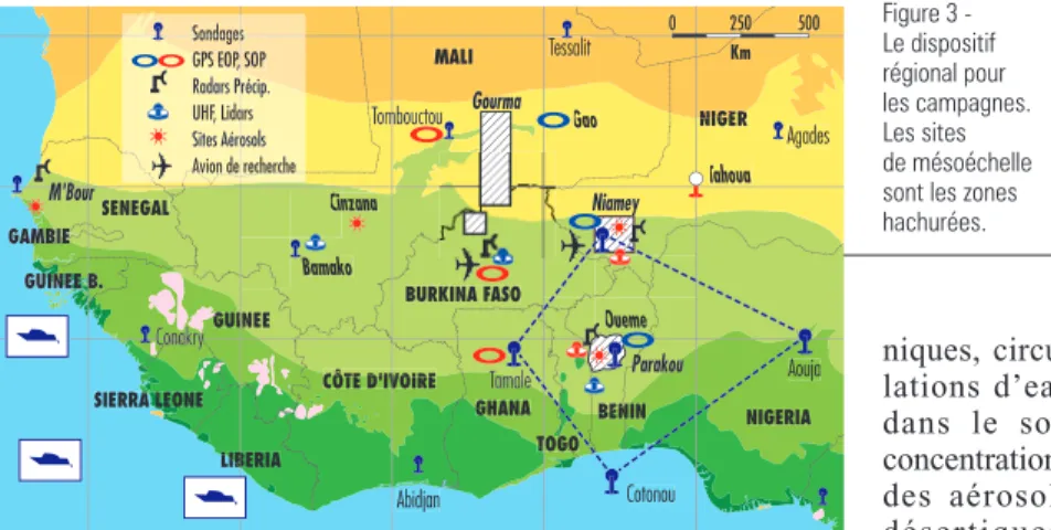 Figure 3 -  Le dispositif  régional pour  les campagnes.  Les sites  de mésoéchelle sont les zones hachurées.