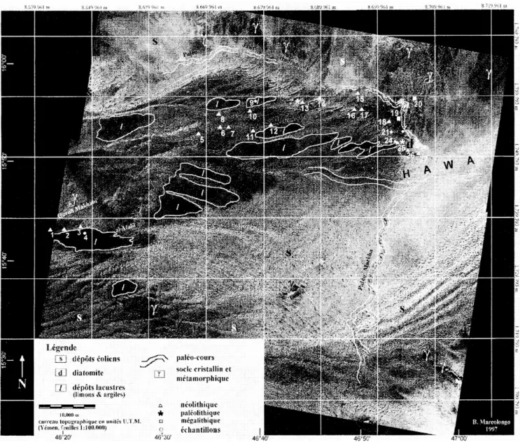 Fig. 2  :  Interprétation géomorphologique de  la bordure du Ramlat as-Sabatayn fondée sur image  SPOT XS  rectifiée et géocodée  par B