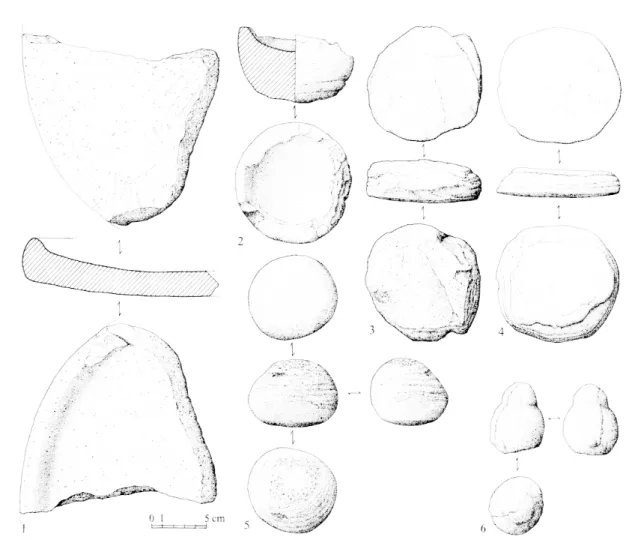 Fig. 3  :  Matériel de  broyage et ustensile de pierre :  1,  meule avec rebord;  2,  bol en pierre ;  3,  4,  petites meules plates en  grès; 5,  molette piquetée ;  6,  molette? (dessin G