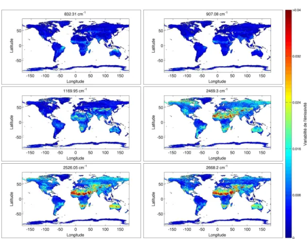 Figure 2.2 – Carte représentant la variabilité annuelle des émissivités MODIS. Les données utilisées sont les produits MYD11 de l’année 2007.