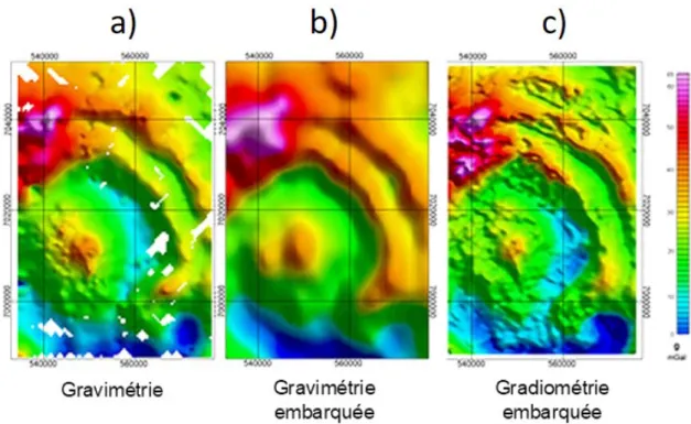 Fig. I.4 Exemple de cartographie du champ de pesanteur d’une même région géographique pour trois méthodes différentes