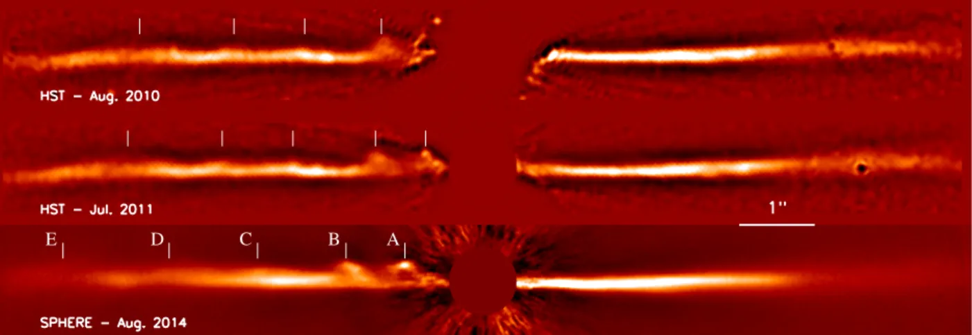 Fig. 1. 2010 and 2011 HST/STIS and 2014 VLT/SPHERE images of the debris disk of AU Mic