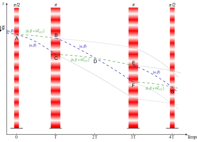 Figure I.6 – Schéma d’un interféromètre atomique double-boucle symétrique vertical en pré- pré-sence de gravité