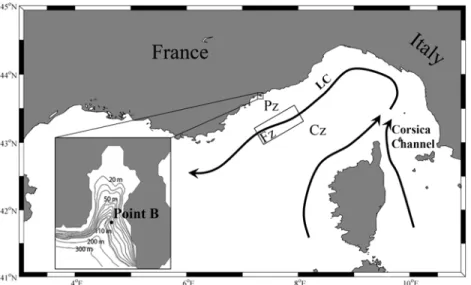 Fig 1. Map of the study area showing the general circulation in the Ligurian basin (black arrows)