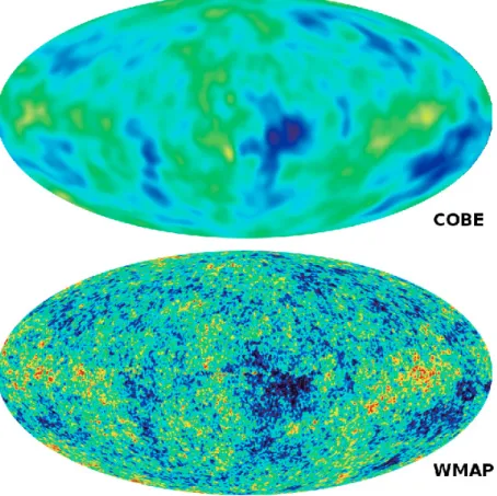 Figure 2.11: CMB temperature fluctuations: comparison between COBE and WMAP satellite.