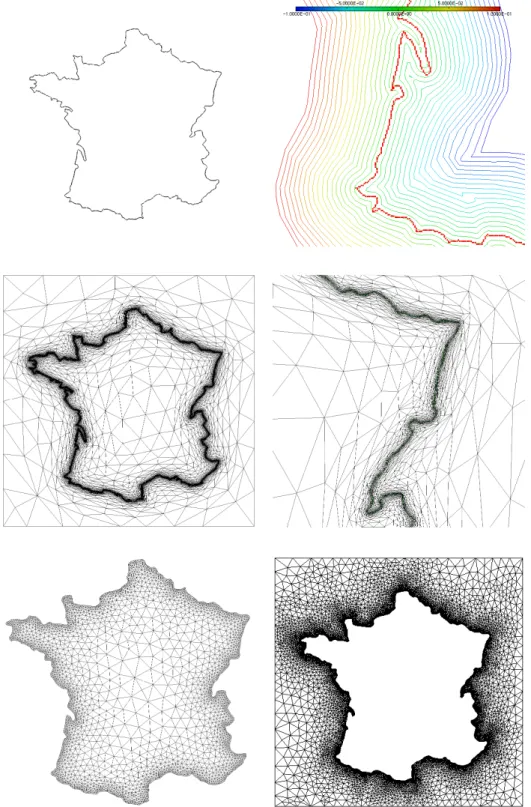 Figure 6: Application to image processing. Zero level set of u at convergence (top left) and local enlargement in the neighborhood of V (top right)