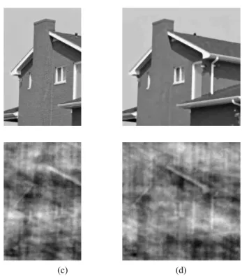 Fig. 1 . Original image x (a), restored image (b), degraded image 1 (SNR = 0.14 dB) (c), and degraded image 2 (SNR = 12.0 dB) (d).