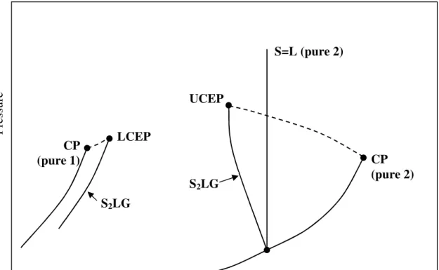 Fig. 1 Pressure Temperature   S2LG CP (pure 1) LCEP  S=L (pure 2)  CP  (pure 2) UCEP S2LG 
