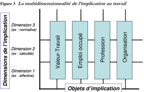 Figure 3   La multidimensionnalité de l’implication au travail Dimension 1  (ex : affective) Dimension 2 (ex : calculée)Dimension 3  (ex : normative) OrganisationProfessionEmploi occupéValeur-Travail Objets d’implicationDimensions de l’implicationDimension