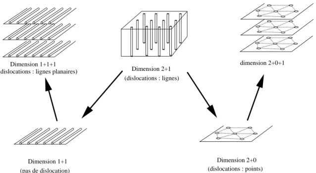 Fig. 4.4 – Sch´ema des diff´erentes r´eductions de la dimension dans l’´etude th´eoriques du comportement d’un r´eseau ´elastique de vortex.