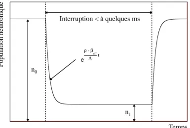 Figure 2.4 – Représentation schématique de l’évolution de la population neutronique lors d’une interruption programmée du faisceau.