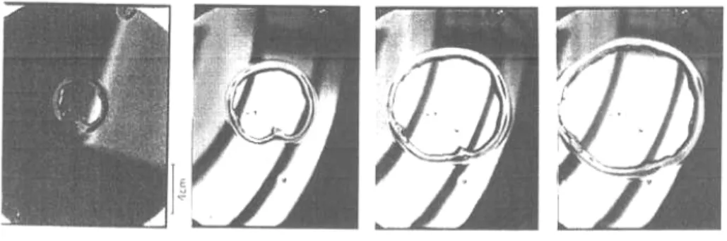 Figure 1.7 – S´equence d’ouverture d’un film liquide de PDMS, d’´epaisseur 30µm, d´epos´e sur un substrat de silicium fluor´e