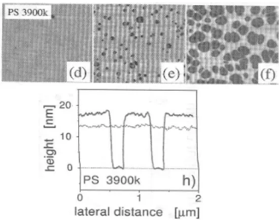 Figure 1.13 – Micrographes AFM montrant les phases initiales de la formation de trous dans un film mince de PS (13 nm d’´epaisseur initiale, M w =3900 kg · mol − 1 ) sur substrat de silicium recouvert d’une monocouche de PDMS
