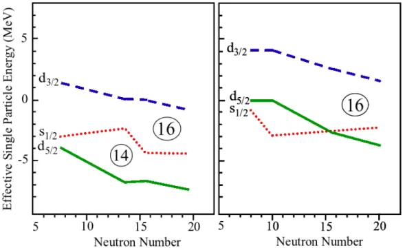 Figure 2.9: Evolution of the single-particle energies of the d 5/2 , s 1/2 and d 3/2 orbitals in oxy- oxy-gen (left) and carbon (right) isotopes as a function of neutron number, where the new magic numbers N=14 and N=16 are shown