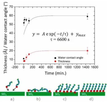 Fig. 3. Top: Grafting kinetics of DETAS self-assembled monolayer at 10 −2  M, 30 °C, under  80% RH in toluene for the thickness (filled black squares) and water contact angle (filled  red  circles)