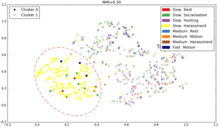 Figure 3. visualizing Dolphin Sa whistles (500 longest) in two-dimensions with t-SNE as a function of velocity and behaviours (with 13 important features), according to BNP clustering.