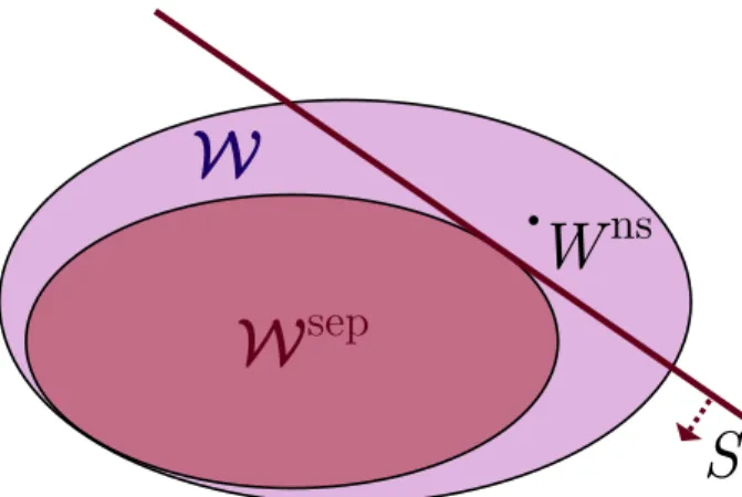Figure 1.6: The separating hyperplane theorem guarantees that for any causally nonseparable process matrix, there exists a witness certifying its causal nonseparability.