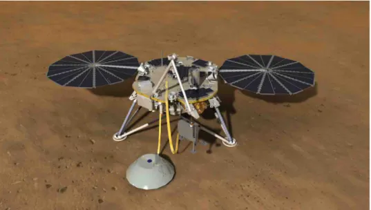 Fig. 8. Artistic picture of the Insight undercarriage on the planet Mars. One can see, in the foreground, the seismometer covered with its protective lid.