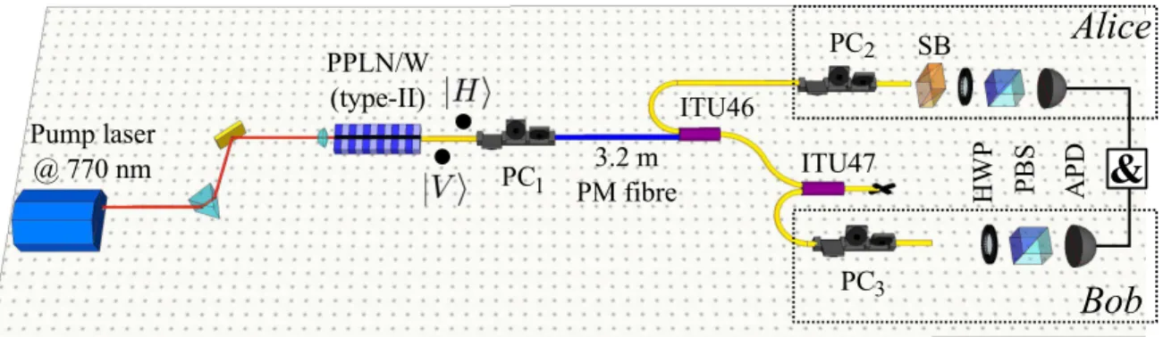 Figure 2.19.: Experimental setup to measure the entanglement quality provided by the type-II PPLN/W in combination with the polarization maintaining (PM) fibre birefringence compensator