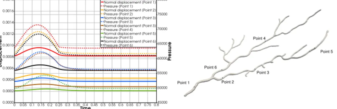 Figure 9: Left-hand side: the values of the displacement (solid lines, [cm], left axis) and pressure (dashed lines, [Pa], right axis) over time for six different points on the network.