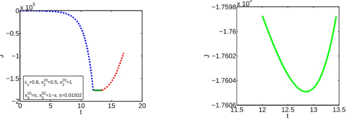 Figure 5: Value of the cost function J with respect to the switching time (t) in the case of two Dirac masses and a “large” value of c s (c s = 0.8)