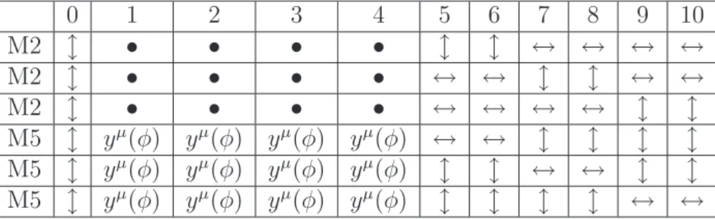 Table 1.1: The configuration of branes in M-theory that preserves the four supersymmetries of the M2-M2-M2 three-charge black hole [40]