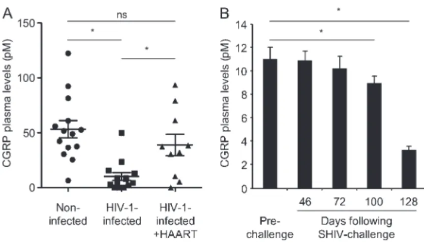 Figure 4.  CGRP plasma levels are decreased in HIV- HIV-infected individuals and SHIV-challenged animals