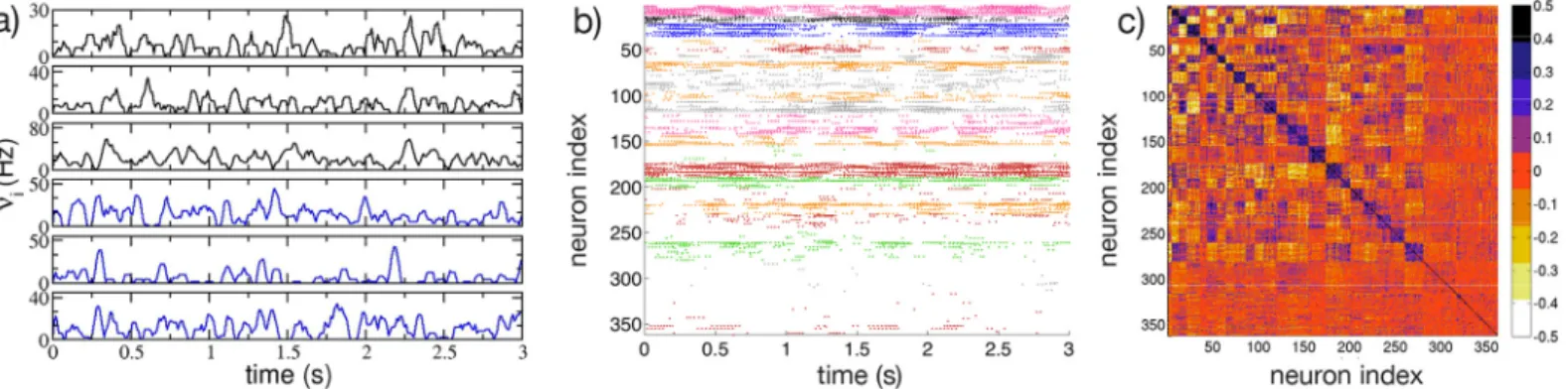 Fig 1. Cell activity characterization. a) Firing rates ν i of 6 selected neurons belonging to two anti-correlated assemblies, the color identifies the assembly and the colors correspond to the one used in b) for the different clusters; b) raster plot activ