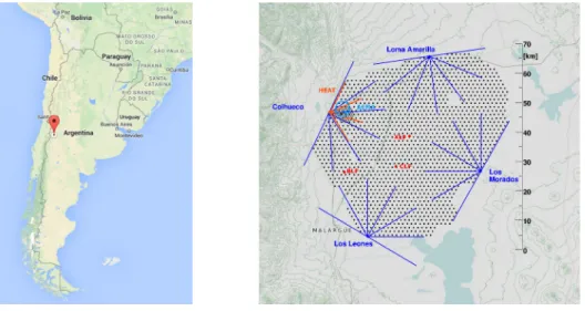 Figure 1.34: left: Location of the Pierre Auger Observatory. - right The detection array.