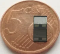 Figure 1. Sample image of SiO 2 /Si substrate (4 x 4 mm 2 ) with platinum electrodes (bottom) and the final sensor with the BaTiO 3 thick film (top).
