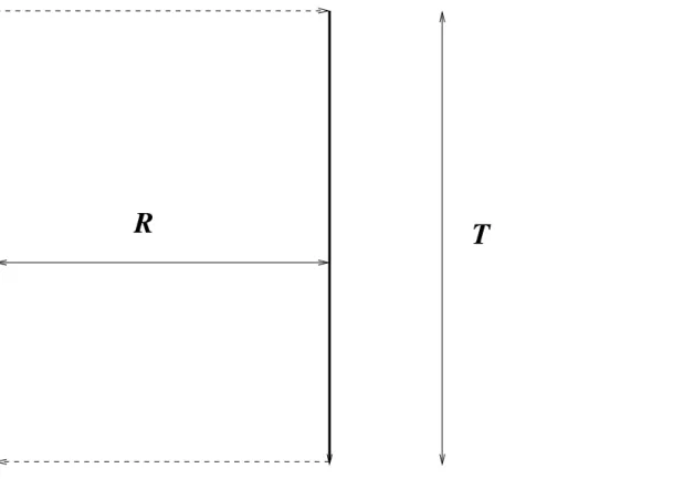 Figure 3.2 – Les lignes d’univers d’une paire de charges statiques, s´epar´ees de R. La paire vit pendant un temps T 