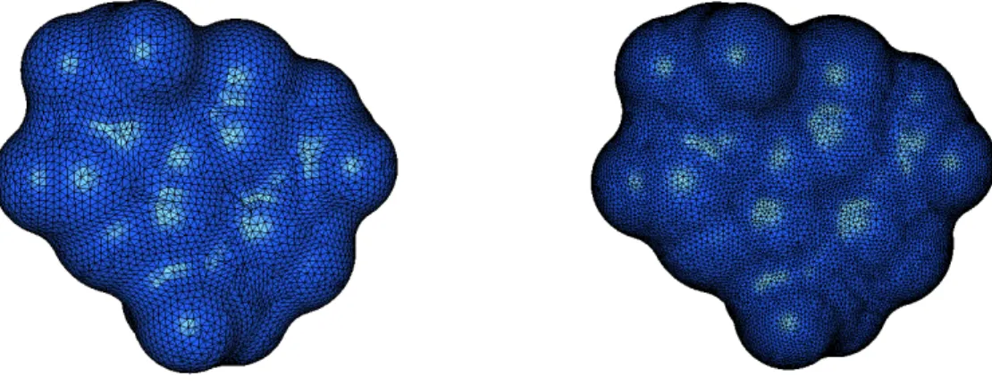 Figure 13: The mesh (right) of caffeine before remeshing with r p = 1Å and the mesh (left) after remeshing with the MMGS tool.