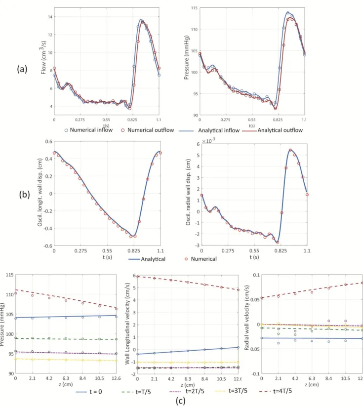 Figure 6. (a) Numerical versus analytical solution: flow and pressure at inlet and the outlet of the vessel; (b) Oscillatory parts of  wall longitudinal and radial displacements over time, at              ; (c) Comparison between the analytical (lines) and