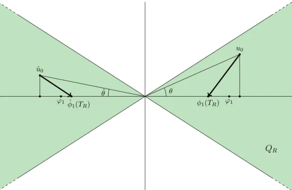 Figure 2: fixed any R &gt; 0, the set of initial conditions exactly controllable in time T R to their projection along the ground state solution is indicated by the colored cone Q R .