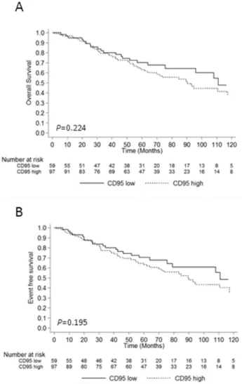 Figure 2: Impact of CD95 expression on survival and event-free survival.  A. Overall survival according to CD95 RFI in 153  MDS patients