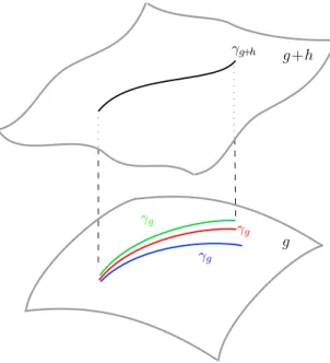 Figure 2.4: Illustration de l’ambigu¨ıt´e de jauge. La projection de la ligne d’univers γ g+h d’une particule inertielle dans un espace-temps de m´etrique g + h dans  l’espace-temps de fond g n’est pas unique